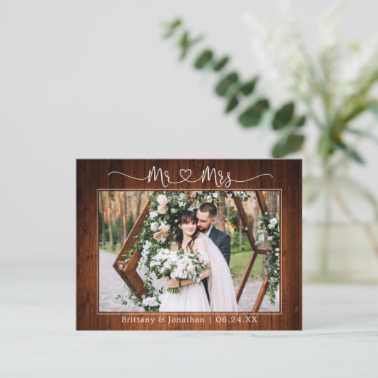 Kalligrafie Hart Meneer Mevrouw Trouw Houten Bedan Briefkaart (Staand voorkant)