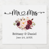 Kalligrafie Hart Mr. en Mrs. Floral Wedding Sparkling Wijnetiket (Enkel label)