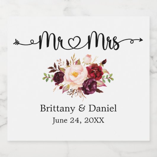 Kalligrafie Hart Mr. en Mrs. Floral Wedding Sparkling Wijnetiket (Enkel label)