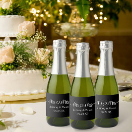 Kalligrafie Hart Mr. en Mrs. Wedding Black Sparkling Wijnetiket