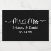 Kalligrafie Hart Mr. en Mrs. Wedding Black Sparkling Wijnetiket (Enkel label)