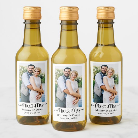 Kalligrafie Hart Mr. en Mrs. Wedding Mini Wijn Etiket (Flessen)