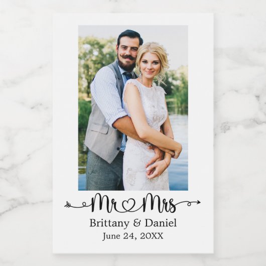 Kalligrafie Hart Mr. en Mrs. Wedding Mini Wijn Etiket (Enkel label)