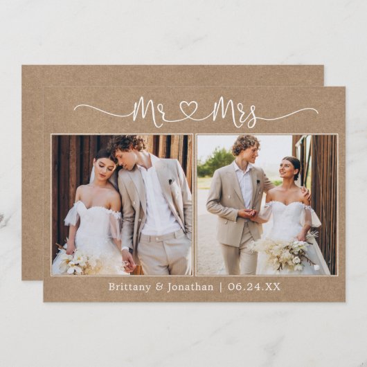 Kalligrafie Hart Mr. Mrs. 2 Foto Bruiloft Kraft Bedankkaart (Voorkant / Achterkant)