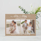 Kalligrafie Hart Mr. Mrs. 2 Foto Kraft Trouwen Bedankkaart (Staand voorkant)