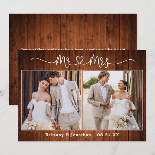 Kalligrafie Hart Mr. Mrs. 2 Foto Trouwhout Bedankkaart (Voorkant / Achterkant)