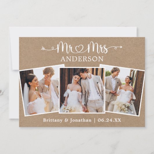 Kalligrafie Hart Mr. Mrs. 3 Foto's Trouwkraft Bedankkaart (Voorkant)