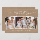 Kalligrafie Hart Mr Mrs Wedding 3 Foto Kraft Bedankkaart (Voorkant / Achterkant)