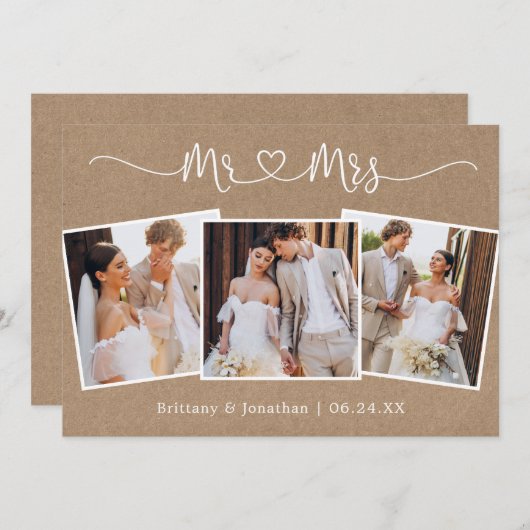 Kalligrafie Hart Mr Mrs Wedding 3 Foto Kraft Bedankkaart (Voorkant / Achterkant)
