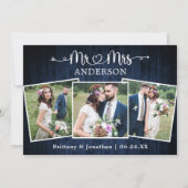 Kalligrafie Hart Mr. Mrs Wedding Blue Wood Bedankkaart (Voorkant)