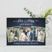 Kalligrafie Hart Mr. Mrs Wedding Blue Wood Bedankkaart (Staand voorkant)