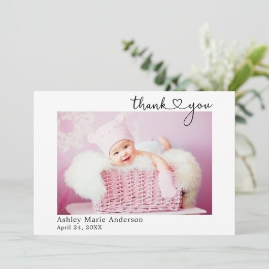 Kalligrafie Hart Nieuwe Baby 4 Foto Bedankkaart (Staand voorkant)