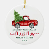 Kalligrafie Hart Onze Eerste Kerst Rode Truck Keramisch Ornament (Voorkant)