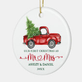 Kalligrafie Hart Onze Eerste Kerst Rode Truck Keramisch Ornament (Links)