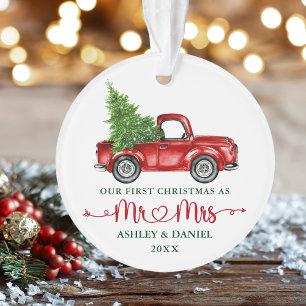 Kalligrafie Hart Onze Eerste Kerst Rode Truck Ornament