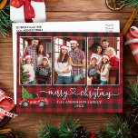 Kalligrafie Hart Plaid 3 Foto Kerst Truck Briefkaart<br><div class="desc">Modern Kalligrafie Hartschrift 3 Foto Familie Fotocollage Rustieke Rode Buffel Plaid Merry Christmas Briefkaart - Waterverf  Rode Vrachtwagen met Kerstboom</div>