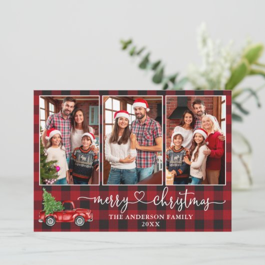Kalligrafie Hart Plaid 3 Foto Kerst Truck Feestdagenkaart (Staand voorkant)