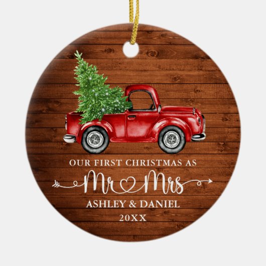 Kalligrafie Hart Rustiek Eerste Kerst Rode Vrachtw Keramisch Ornament (Voorkant)