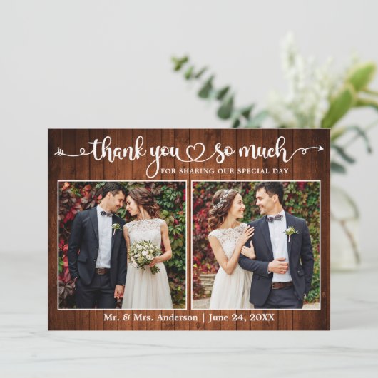 Kalligrafie Hart Script Hout 2 Foto Huwelijk Bedankkaart (Staand voorkant)