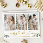 Kalligrafie Hart Waterverf Eucalyptus Kerst Feestdagenkaart<br><div class="desc">Moderne kalligrafie Script Heart Merry Christmas 3 Photo Holiday Kaart bevat Waterverf Eucalyptus Leaves. Gouden tekst.</div>