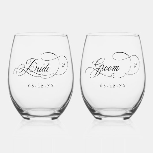  kalligrafie harten bruid bruidegom zwart ID1025 Wijnglas Zonder Voet (Voorkant)