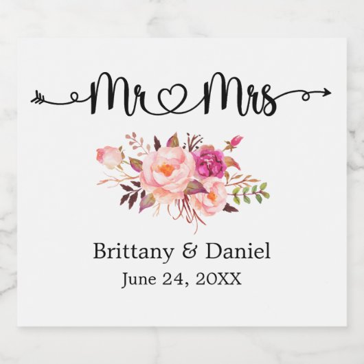 Kalligrafie Heart Floral Mr. and Mrs Wedding Sparkling Wijnetiket (Enkel label)