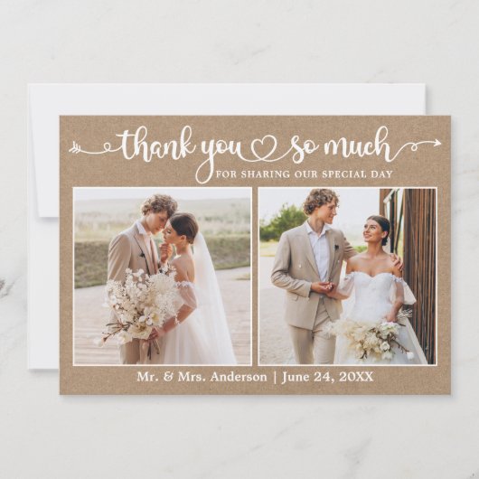 Kalligrafie Heart Script 2 Foto Kraft Wedding Bedankkaart (Voorkant)