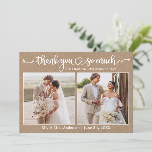 Kalligrafie Heart Script 2 Foto Kraft Wedding Bedankkaart (Staand voorkant)