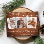 Kalligrafie Heart Wood Lights Meer Cheer 3 Foto Briefkaart<br><div class="desc">Moderne kalligrafie Hartschrift Familie 3 Foto Meer Cheer Dit Jaar Vakantie Briefkaart - Rustiek Country Wood Gelukkig Nieuwjaar 2025</div>
