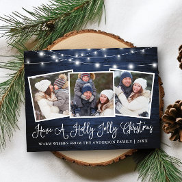 Kalligrafie Holly Jolly Christmas Blue Wood Lights Briefkaart
