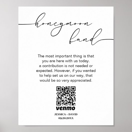 Kalligrafie Honeymoon Fund QR Code Sign Poster (Voorkant)