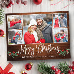 Kalligrafie Hout Holly 5 Foto Paar Kerstmis Briefkaart<br><div class="desc">Modern Fun Calligraphy Script 5 Photo Couple Photo Collage Merry Kerstmis Briefkaart omvat Waterverf Kerstmis Holly Berries - Rustisch Land Wood</div>