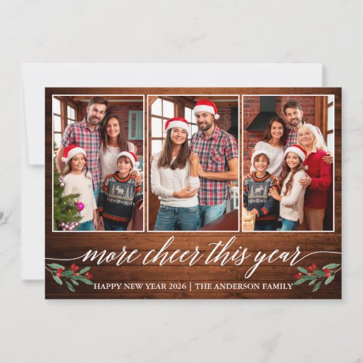 Kalligrafie Hout Meer Cheer Dit Jaar 3 Foto Feestdagenkaart (Voorkant)