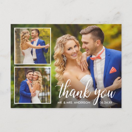 Kalligrafie Huwelijk 3 Foto Collage Bedankt Briefkaart (Voorkant)