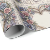 Kalligrafie Huwelijk Harten en Rozen Cadeaupapier (Rol Hoek)