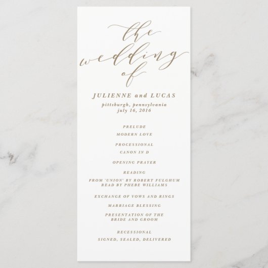 Kalligrafie huwelijksceremonie programma | Goud Programmakaart (Voorkant)