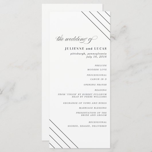 Kalligrafie huwelijksceremonie programma | Zwart Programmakaart (Voorkant / Achterkant)