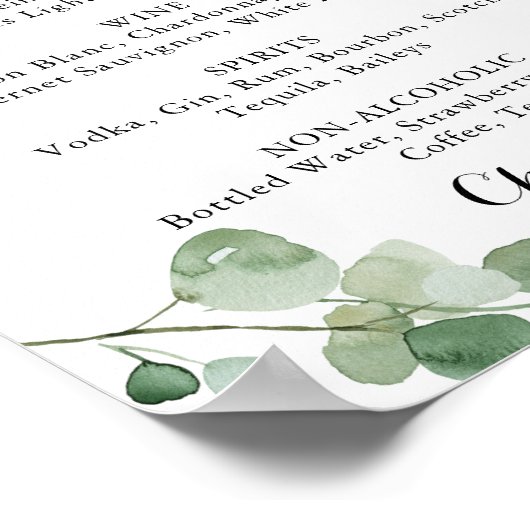 Kalligrafie Huwelijksdranken Menu Eucalyptus Bord Poster (Hoek)
