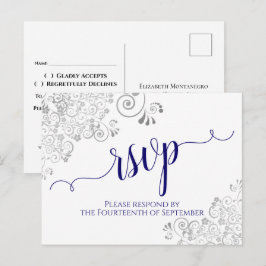 Kalligrafie in marineblauw op witte huwelijksreact briefkaart