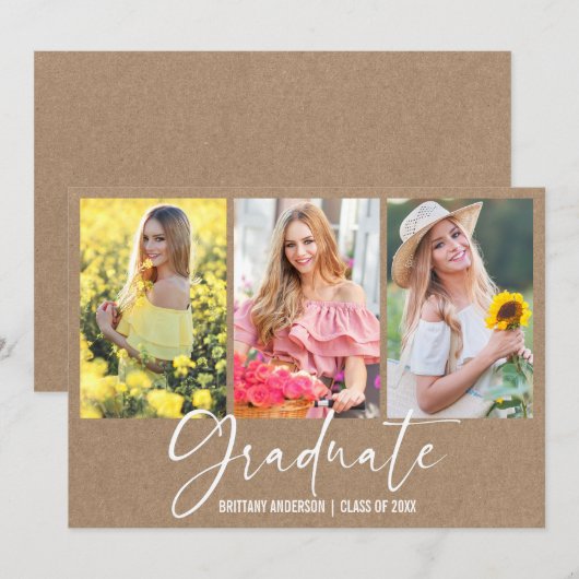 Kalligrafie Ink Pen 3 Foto Kraft Afstuderen Aankondiging (Voorkant / Achterkant)