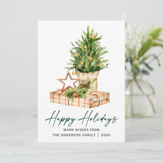 Kalligrafie Ink Script Groene Waterverf Pines Feestdagenkaart (Staand voorkant)