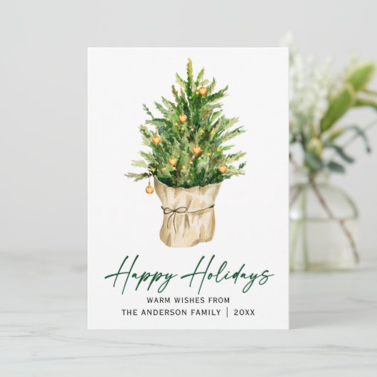 Kalligrafie Ink Script Waterverf Green Pine Tree Feestdagenkaart (Staand voorkant)