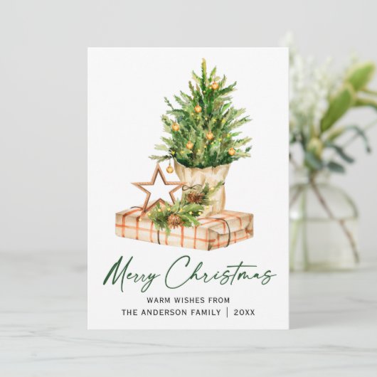 Kalligrafie Ink Script Waterverf Pines Groen Feestdagenkaart (Staand voorkant)