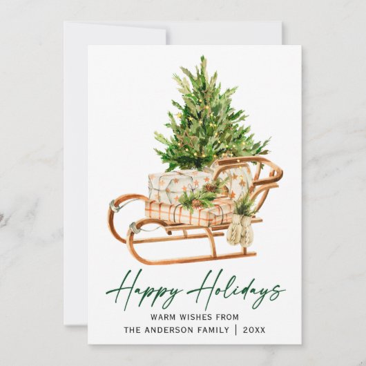 Kalligrafie Ink Script Waterverf Sleigh Pine Tree Feestdagenkaart (Voorkant)