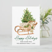 Kalligrafie Ink Script Waterverf Sleigh Pine Tree Feestdagenkaart (Staand voorkant)