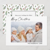 Kalligrafie Inkt Foto Kerstgroen Bessen Feestdagenkaart (Voorkant / Achterkant)