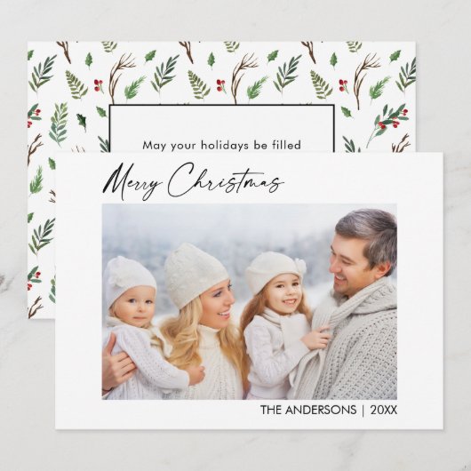 Kalligrafie Inkt Foto Kerstgroen Bessen Feestdagenkaart (Voorkant / Achterkant)