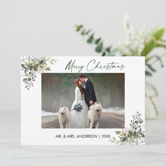 Kalligrafie Inkt Script Koppel groen bessen Feestdagenkaart (Staand voorkant)