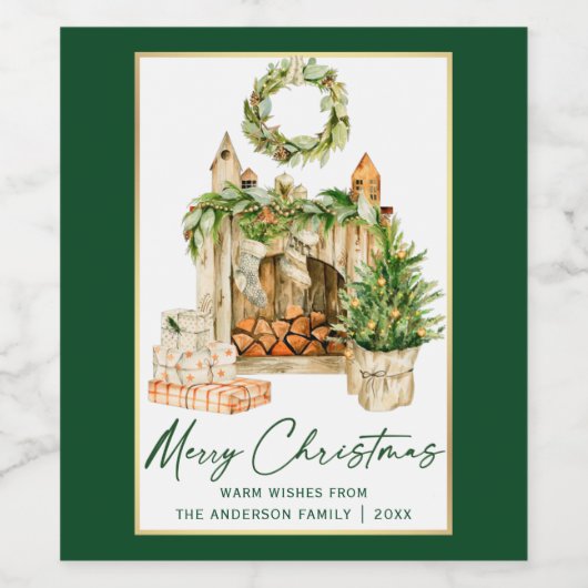 Kalligrafie Inktscript Waterverf Kerstgroen Wijn Etiket (Enkel label)