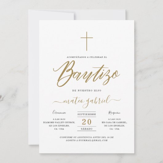 Kalligrafie Invitacion De Bautizo Para Niño Gold Kaart (Voorkant)